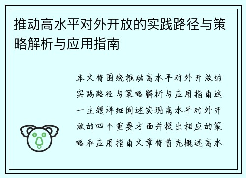 推动高水平对外开放的实践路径与策略解析与应用指南 推动高水平对外开放的实践路径与策略解析与应用指南
