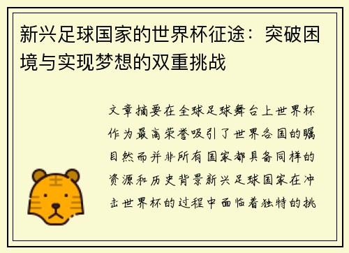 新兴足球国家的世界杯征途:突破困境与实现梦想的双重挑战 新兴足球国家的世界杯征途:突破困境与实现梦想的双重挑战
